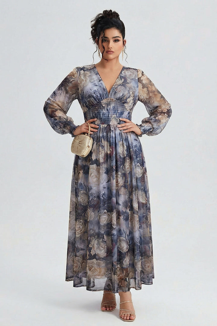 Plus size long sleeve maxi dress with floral waist for women
