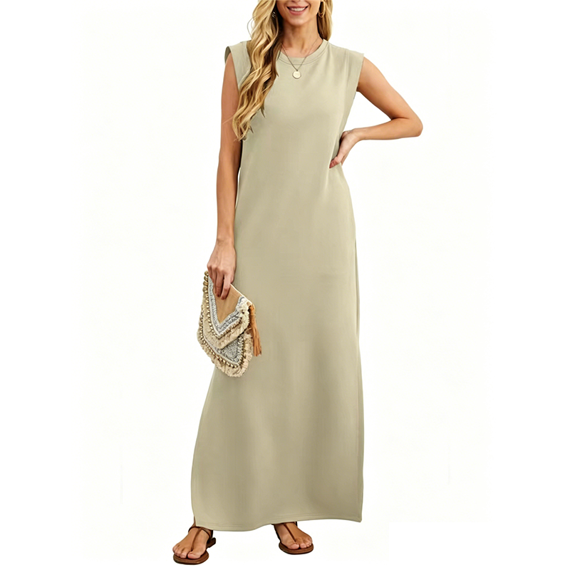 Sleeveless crew neck maxi dress with side pockets and slits for women