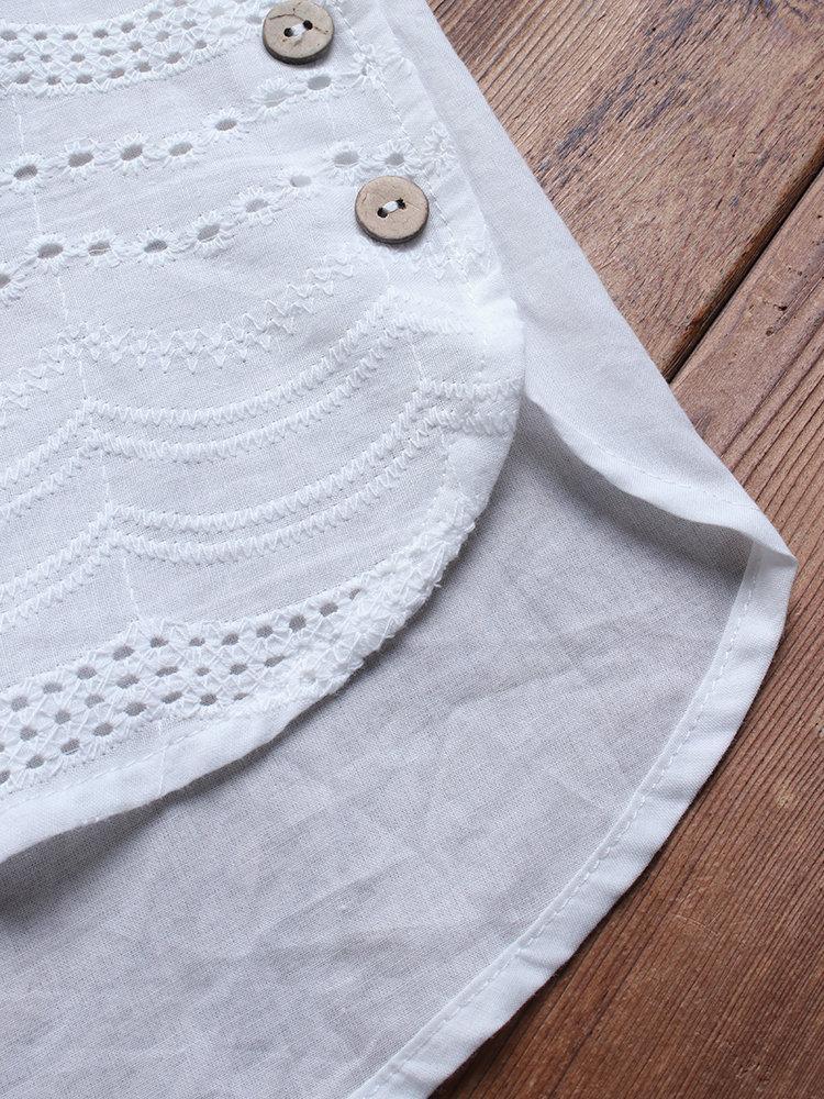 Cotton eyelet tunic top with button detail and short sleeves for women