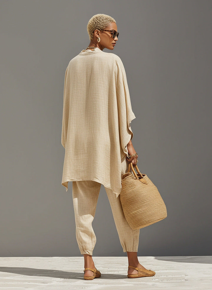 Linen blend two-piece set with oversized V-neck tunic and jogger pants for women