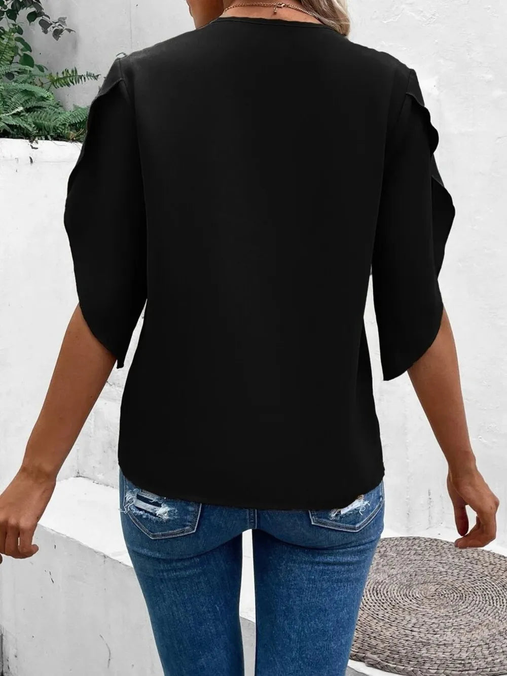 Lace trim V-neck blouse half sleeve for women