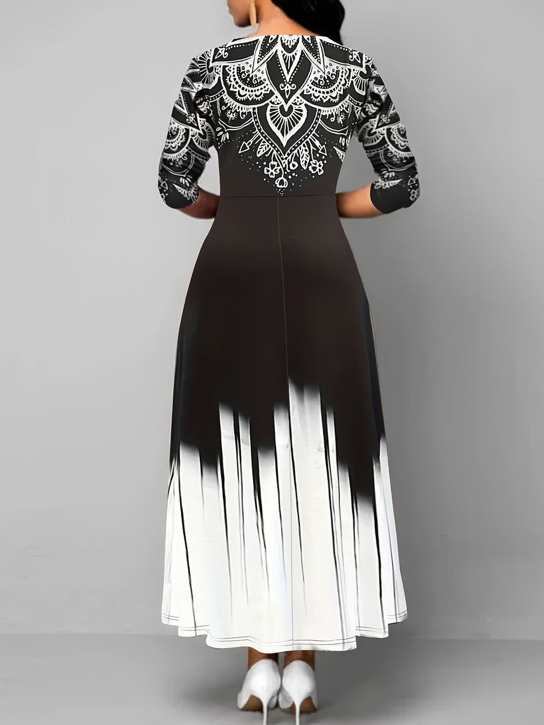 Ornamental print maxi dress with flared skirt for women