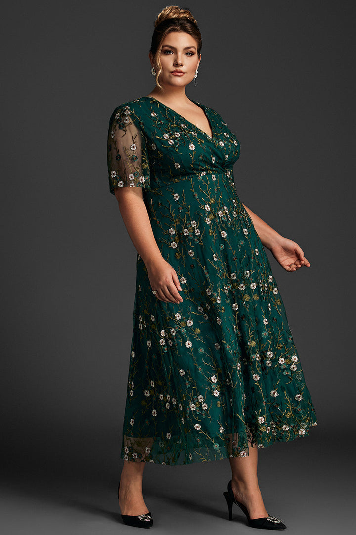 Plus size embroidered maxi dress with ruffle sleeves for women