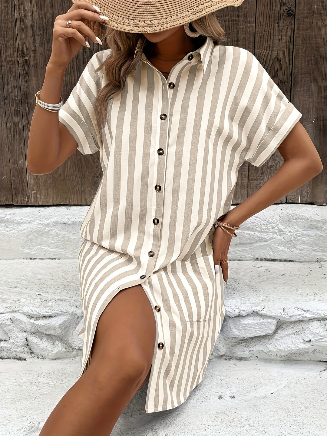 Striped shirt dress with belted waist for women