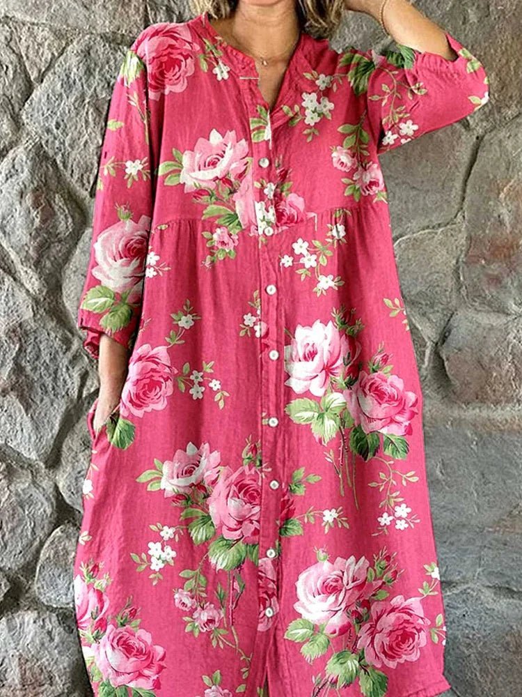 Oversized floral dress with V-neck for women