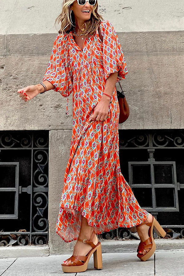 Tiered puff sleeve V-neck long dress for women