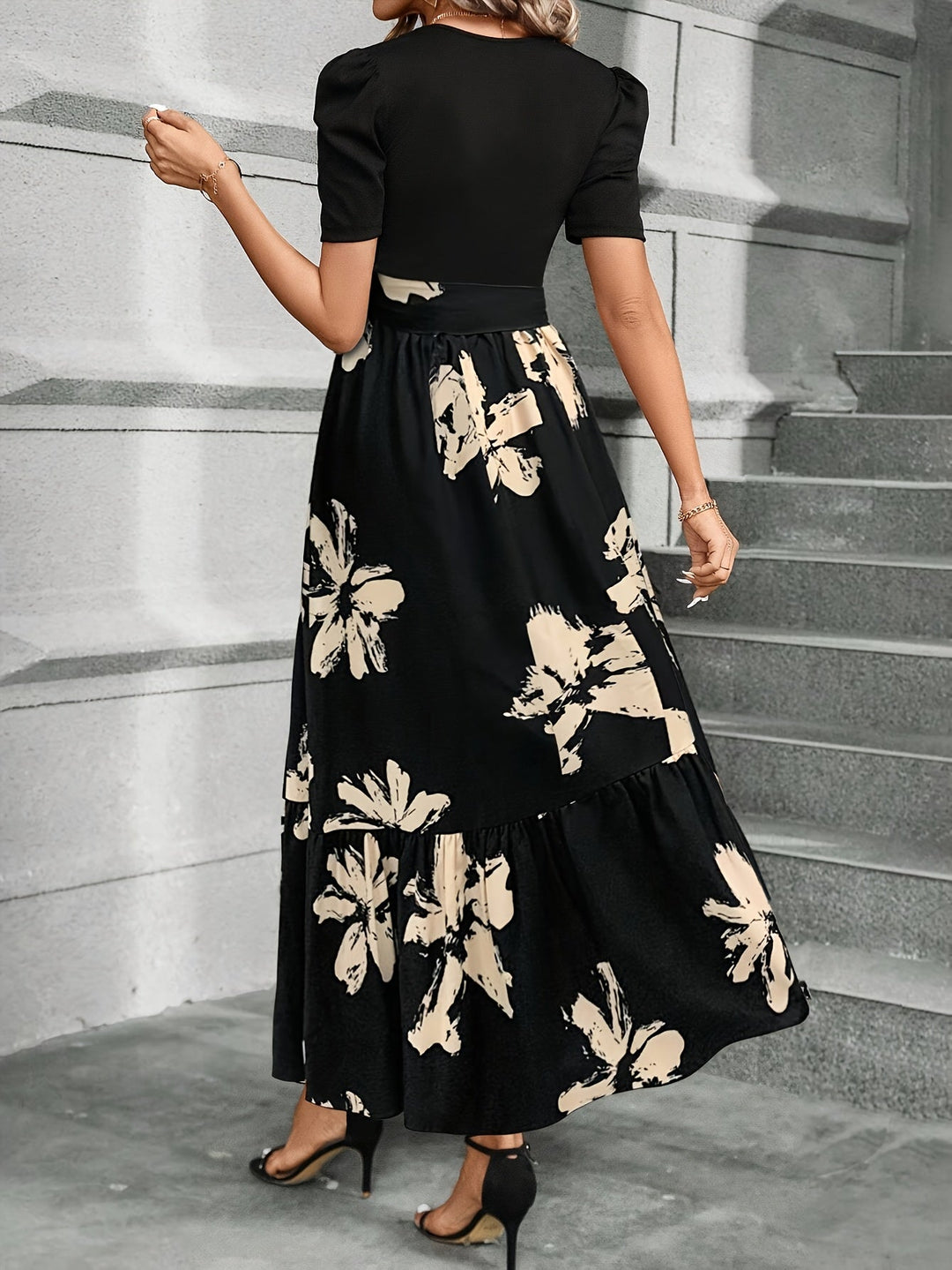Floral maxi dress with puff sleeves and tie high waist for women