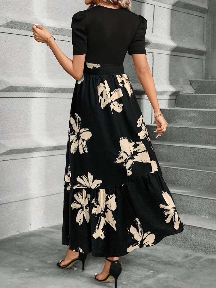 Floral maxi dress with puff sleeves and tie high waist for women
