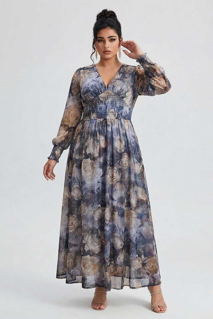 Plus size long sleeve maxi dress with floral waist for women