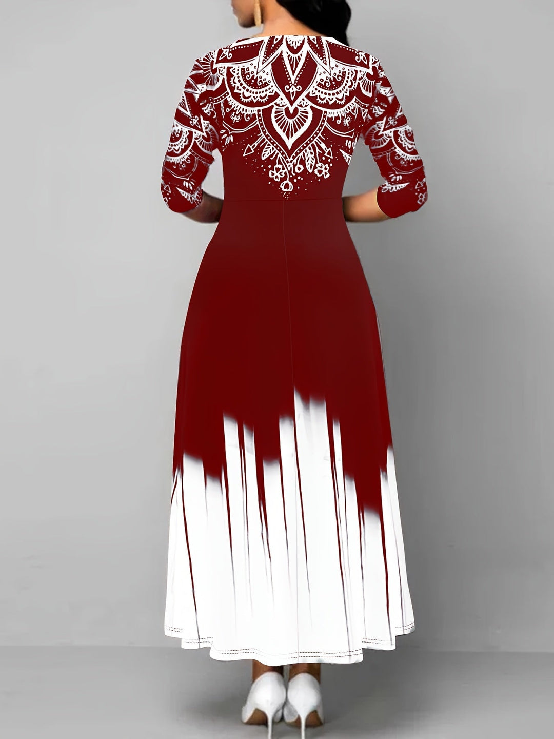 Ornamental print maxi dress with flared skirt for women