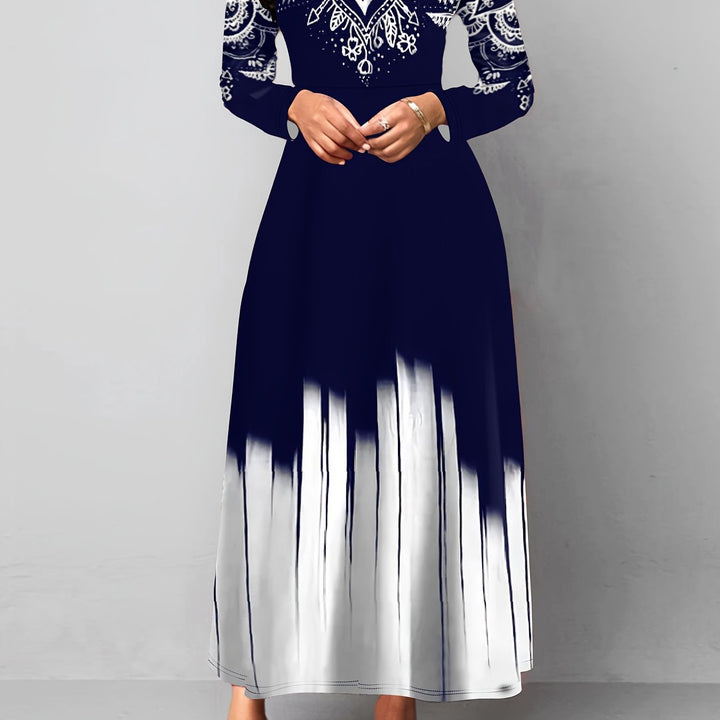 Ornamental print maxi dress with flared skirt for women