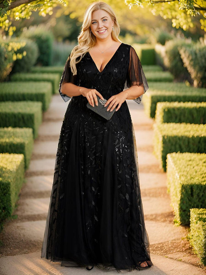 Plus size shimmery leaf sequin V-neck evening gown with ruffle sleeves for women