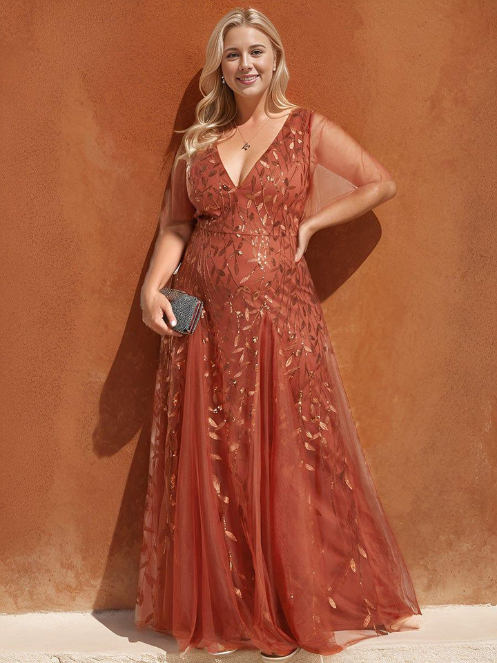 Plus size shimmery leaf sequin V-neck evening gown with ruffle sleeves for women