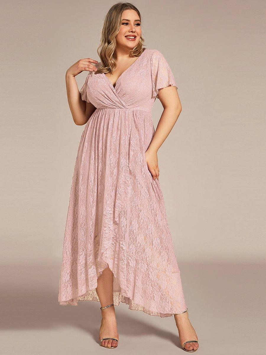 Plus size ruffled lace A-line evening dress with V-neck for women