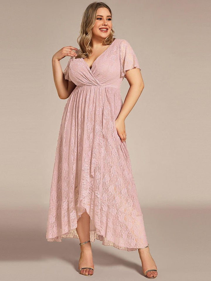 Plus size ruffled lace A-line evening dress with V-neck for women