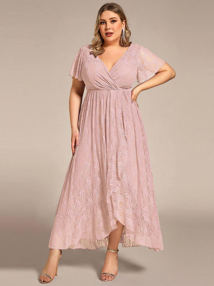 Plus size ruffled lace A-line evening dress with V-neck for women