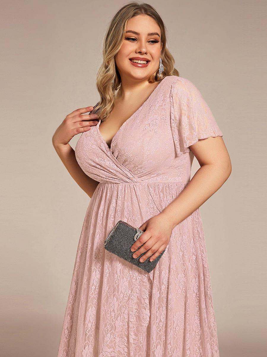 Plus size ruffled lace A-line evening dress with V-neck for women