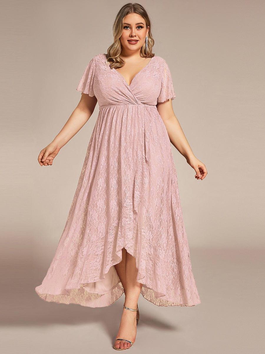 Plus size ruffled lace A-line evening dress with V-neck for women