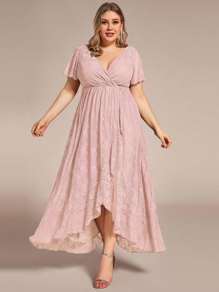 Plus size ruffled lace A-line evening dress with V-neck for women