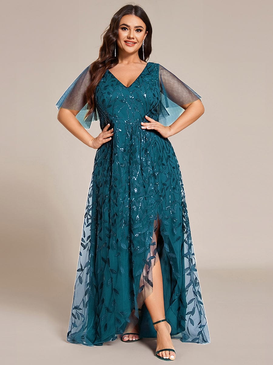 Plus size sequin high-low midi evening dress with short sleeves for women