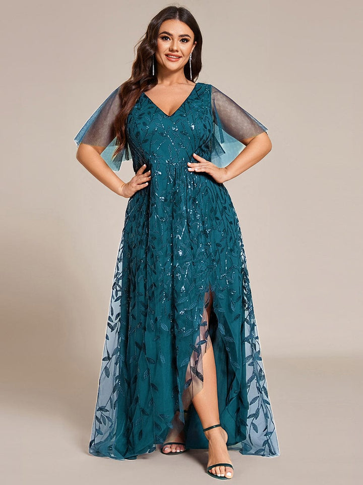 Plus size sequin high-low midi evening dress with short sleeves for women