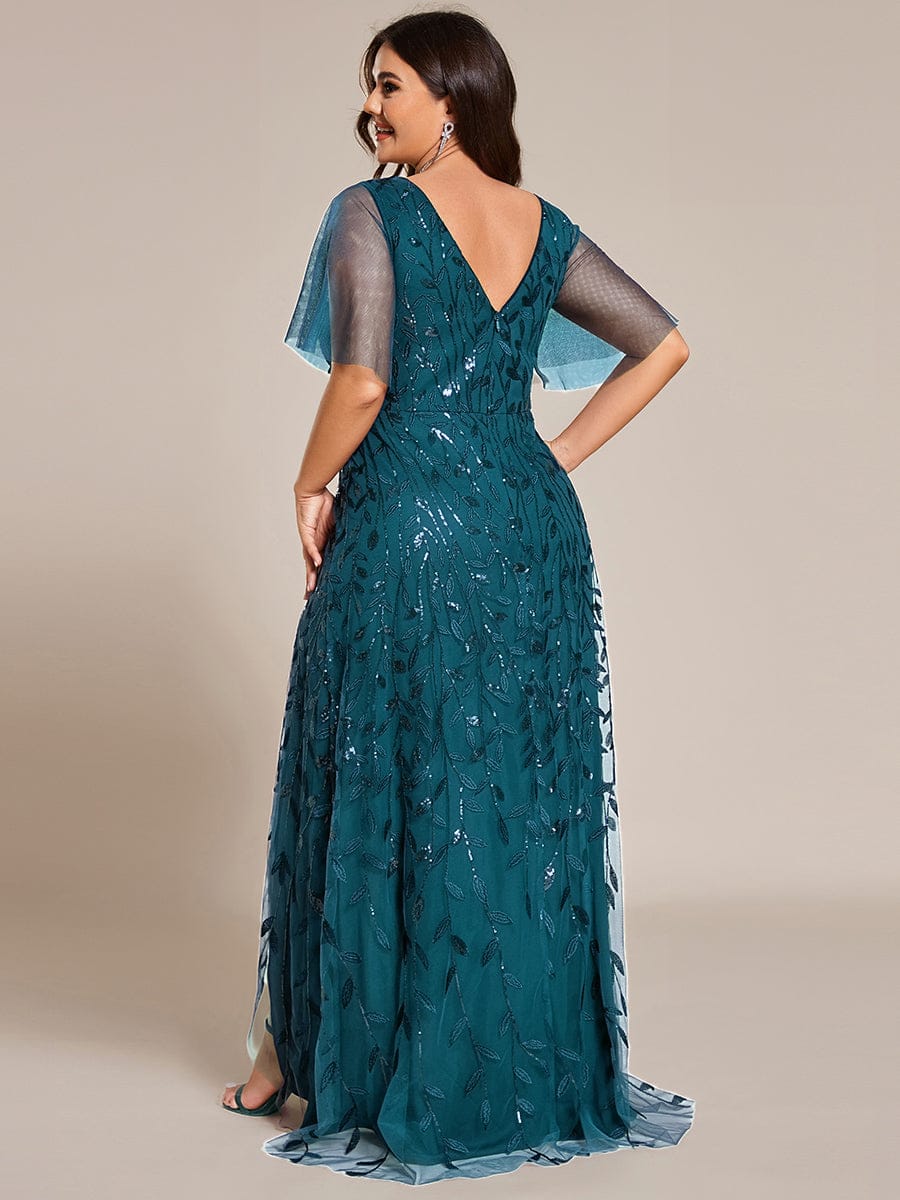Plus size sequin high-low midi evening dress with short sleeves for women