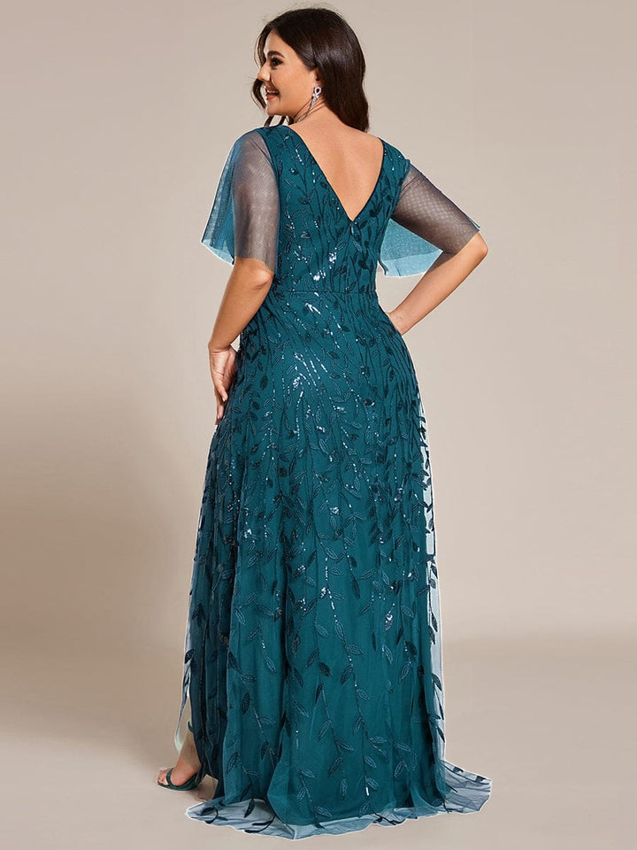 Plus size sequin high-low midi evening dress with short sleeves for women