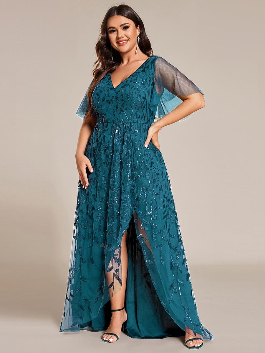 Plus size sequin high-low midi evening dress with short sleeves for women