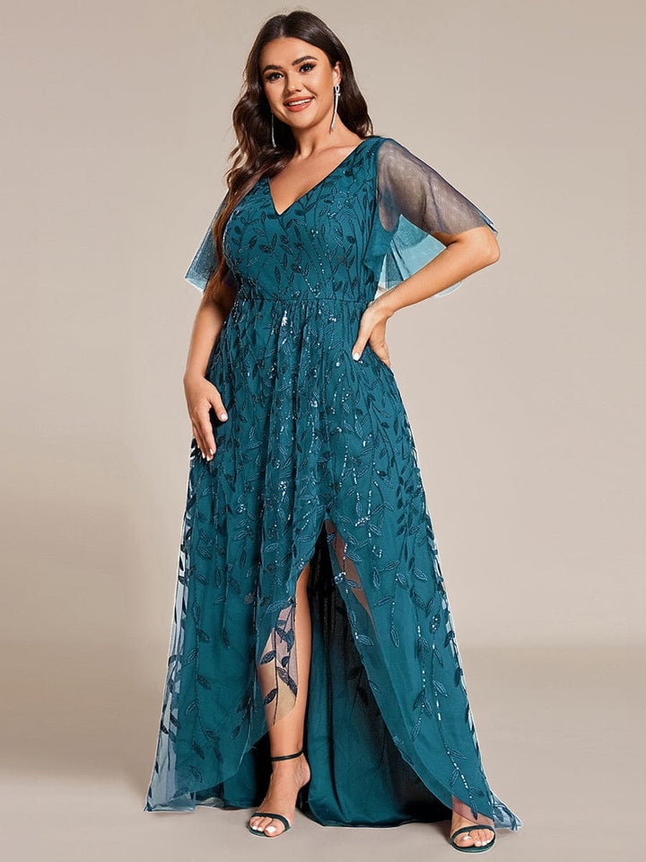 Plus size sequin high-low midi evening dress with short sleeves for women