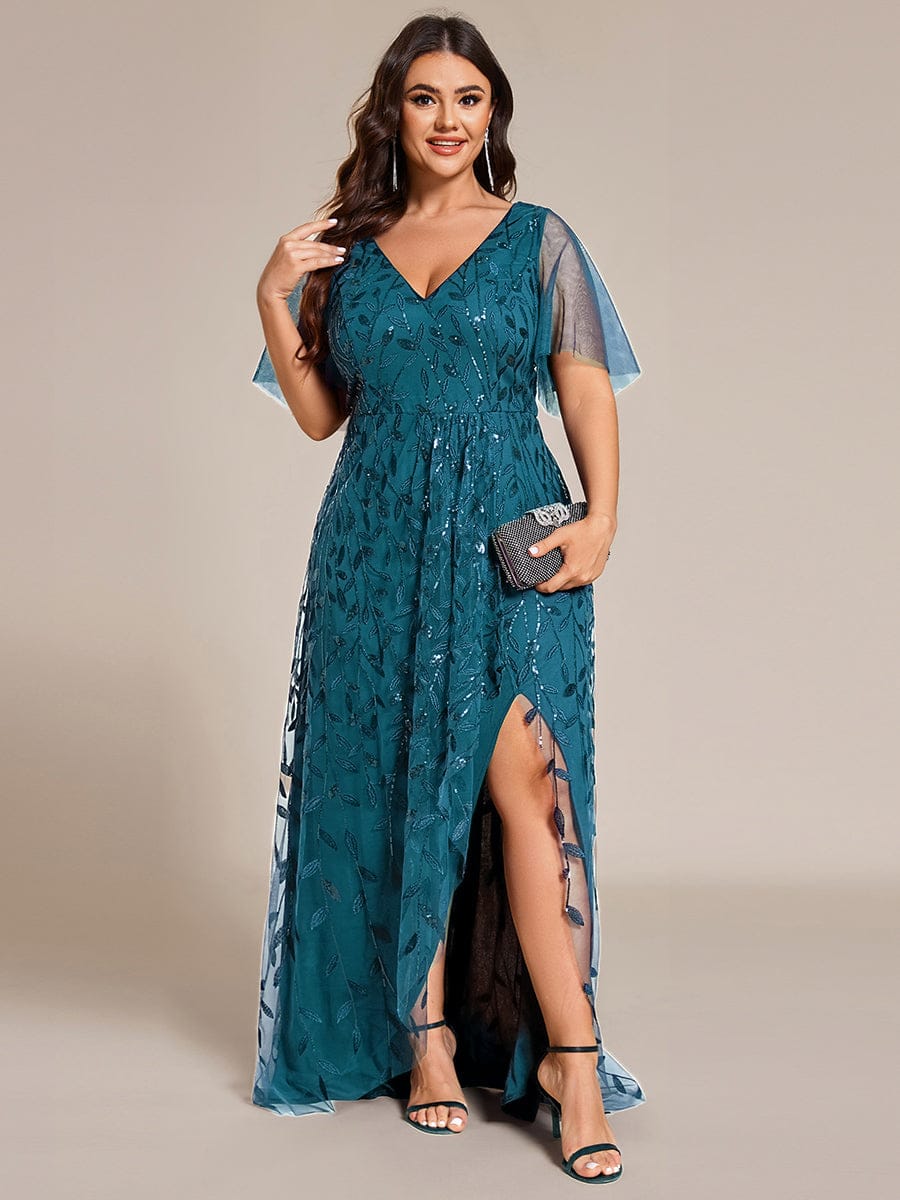 Plus size sequin high-low midi evening dress with short sleeves for women