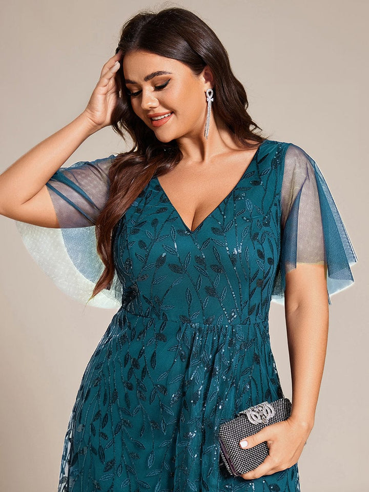 Plus size sequin high-low midi evening dress with short sleeves for women