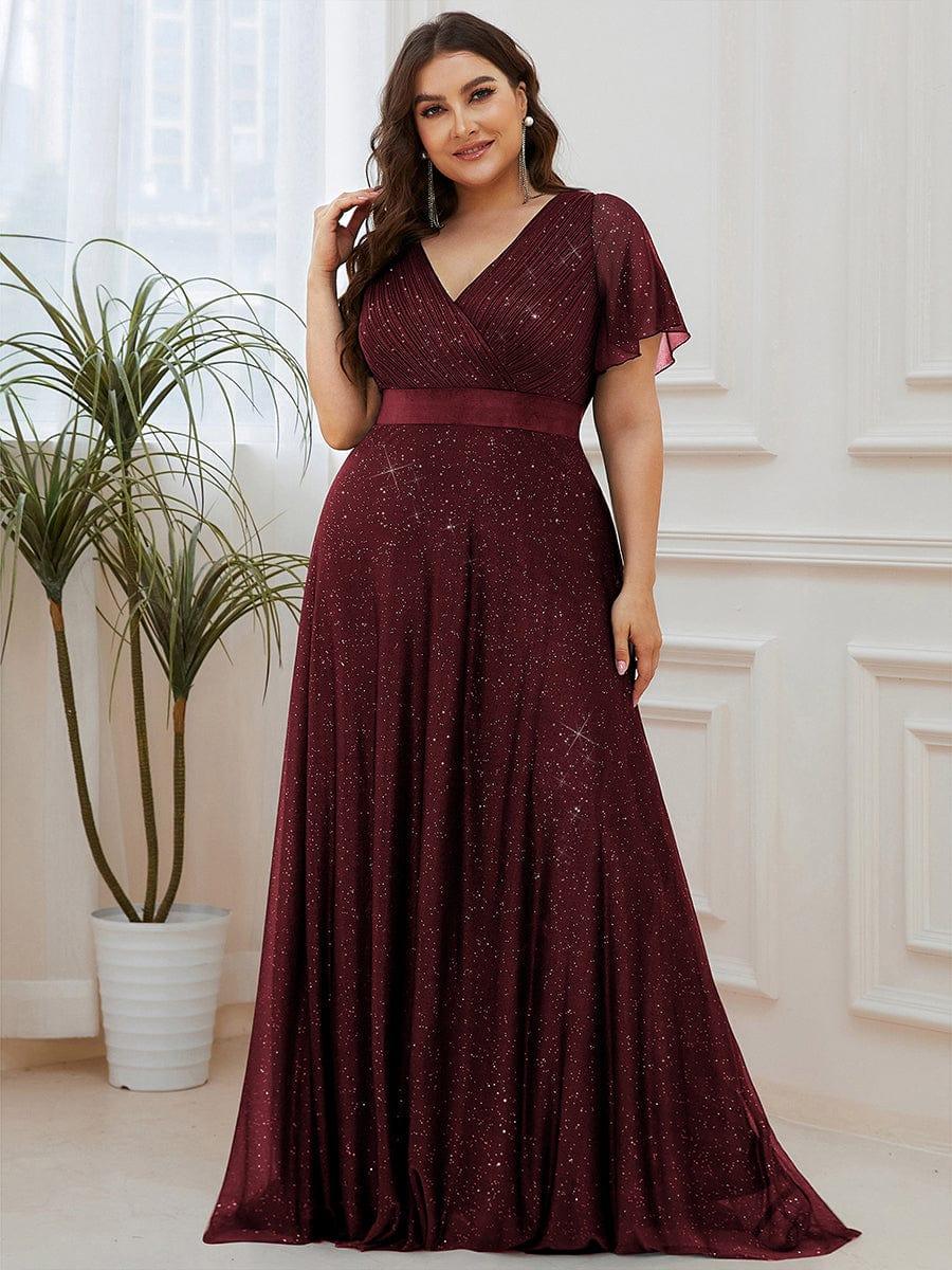 Plus size sparkly ribbon waist V-neck evening dress with sleeves for women