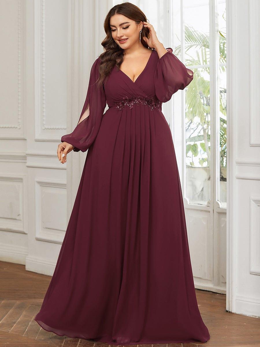 Plus size chiffon evening dress with long lantern sleeves for women
