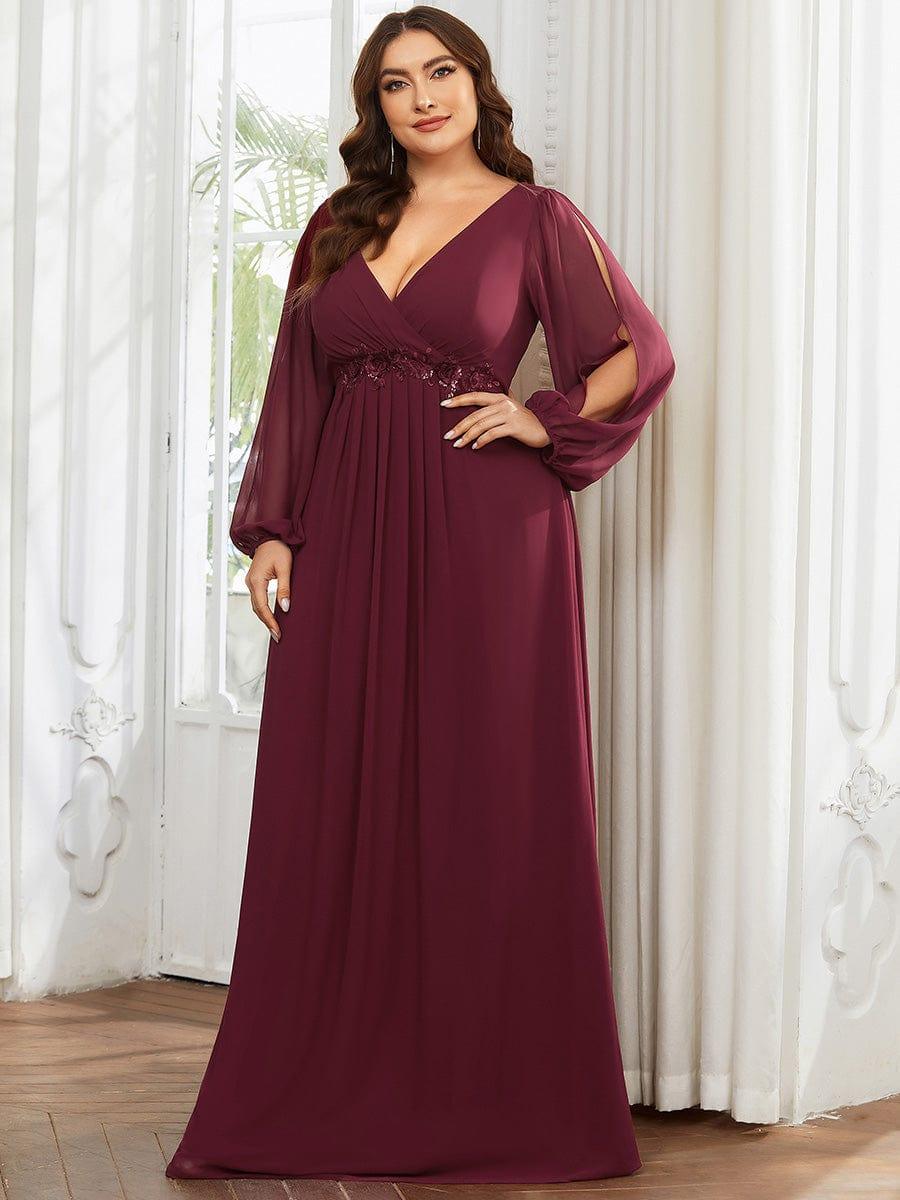 Plus size chiffon evening dress with long lantern sleeves for women