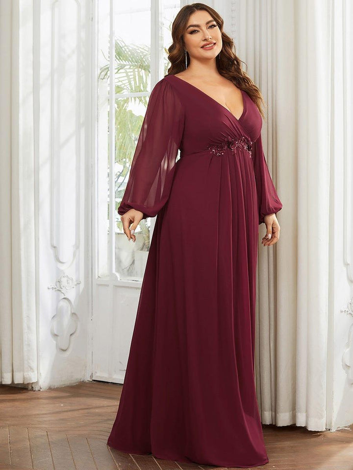 Plus size chiffon evening dress with long lantern sleeves for women