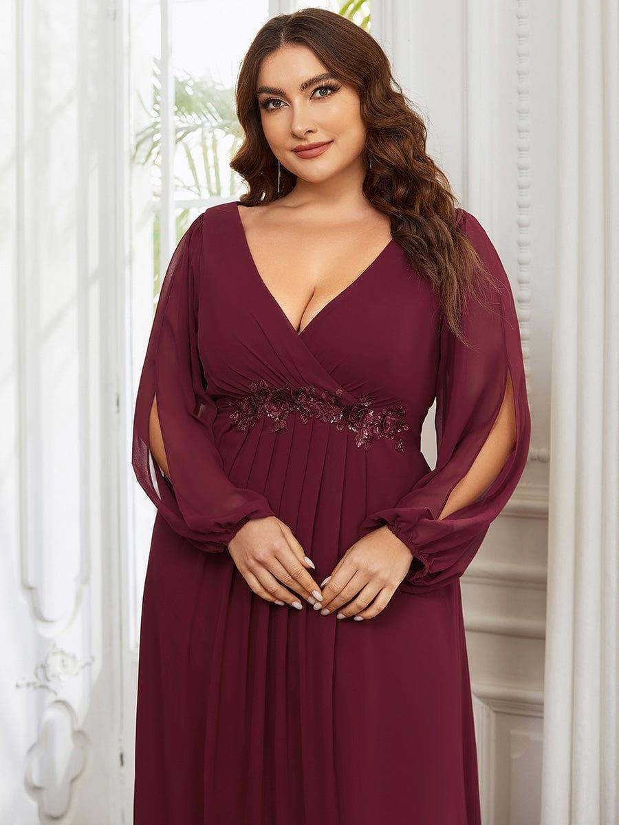 Plus size chiffon evening dress with long lantern sleeves for women