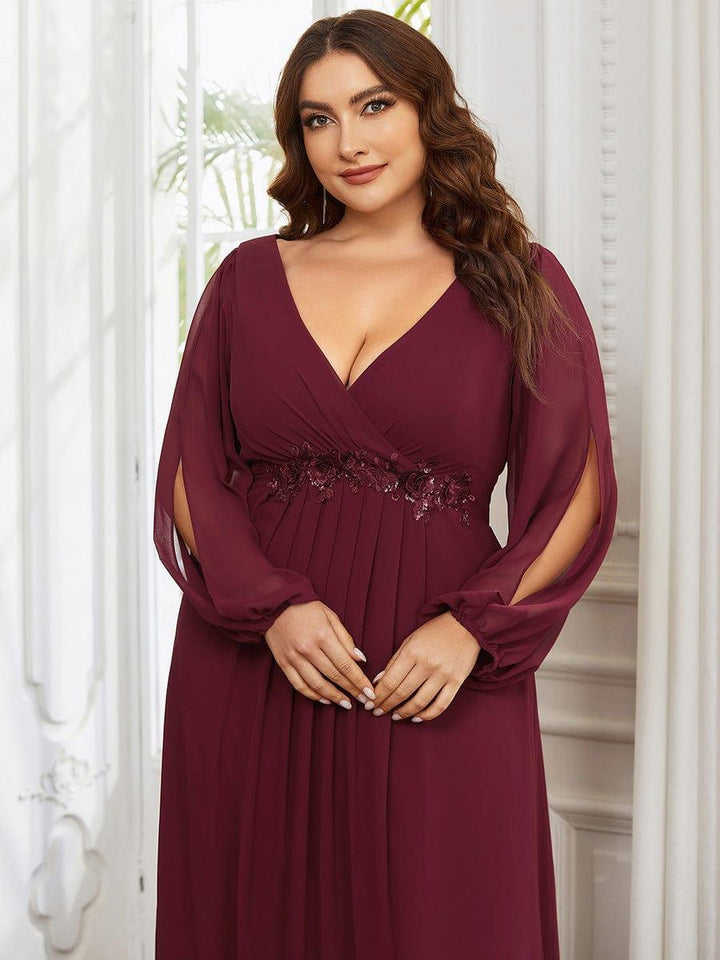 Plus size chiffon evening dress with long lantern sleeves for women