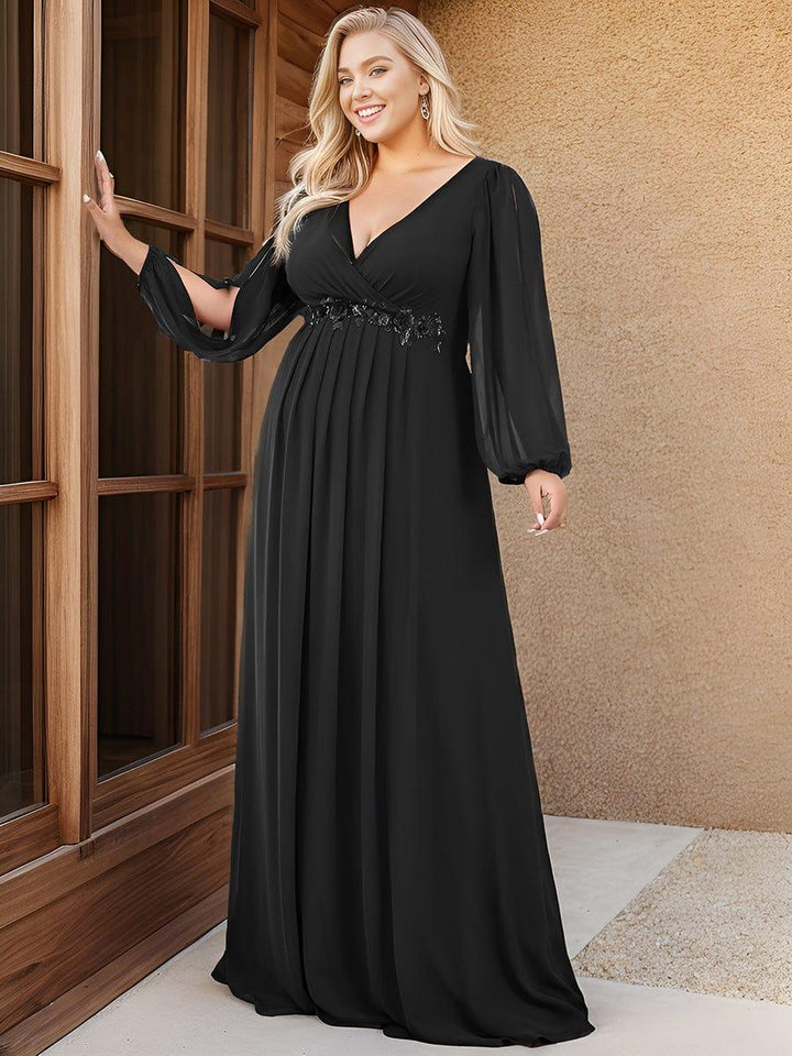 Plus size chiffon evening dress with long lantern sleeves for women