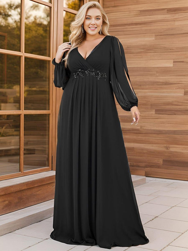 Plus size chiffon evening dress with long lantern sleeves for women