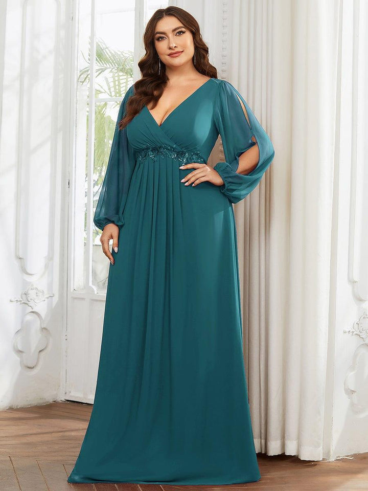 Plus size chiffon evening dress with long lantern sleeves for women