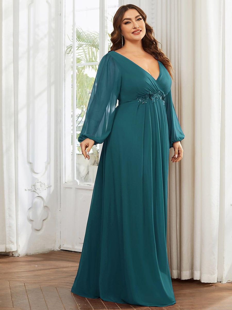 Plus size chiffon evening dress with long lantern sleeves for women