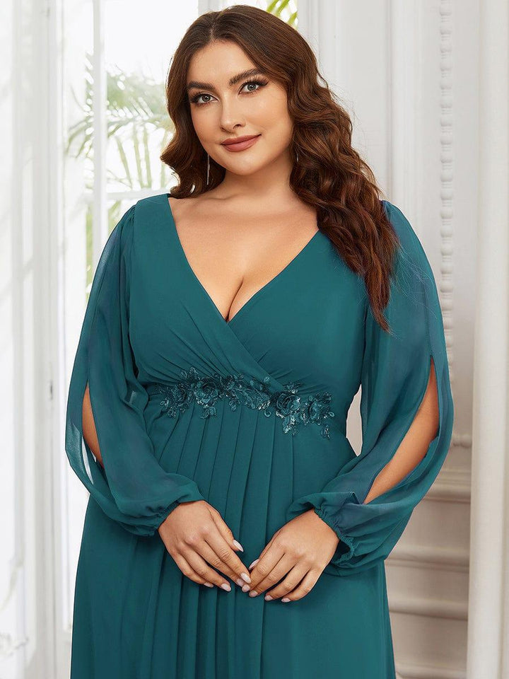 Plus size chiffon evening dress with long lantern sleeves for women