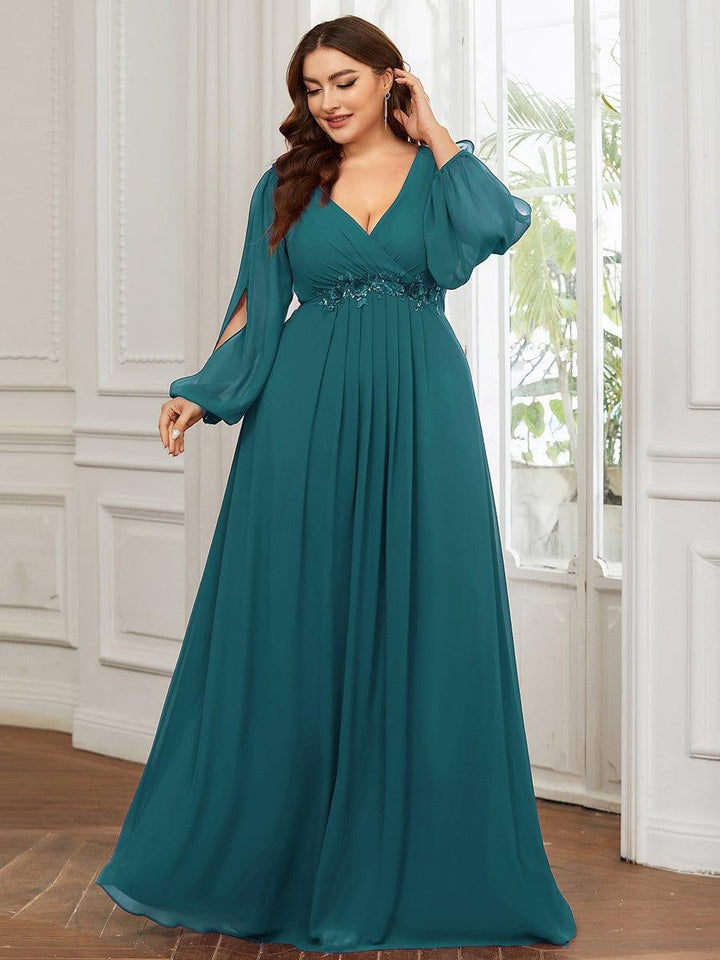 Plus size chiffon evening dress with long lantern sleeves for women