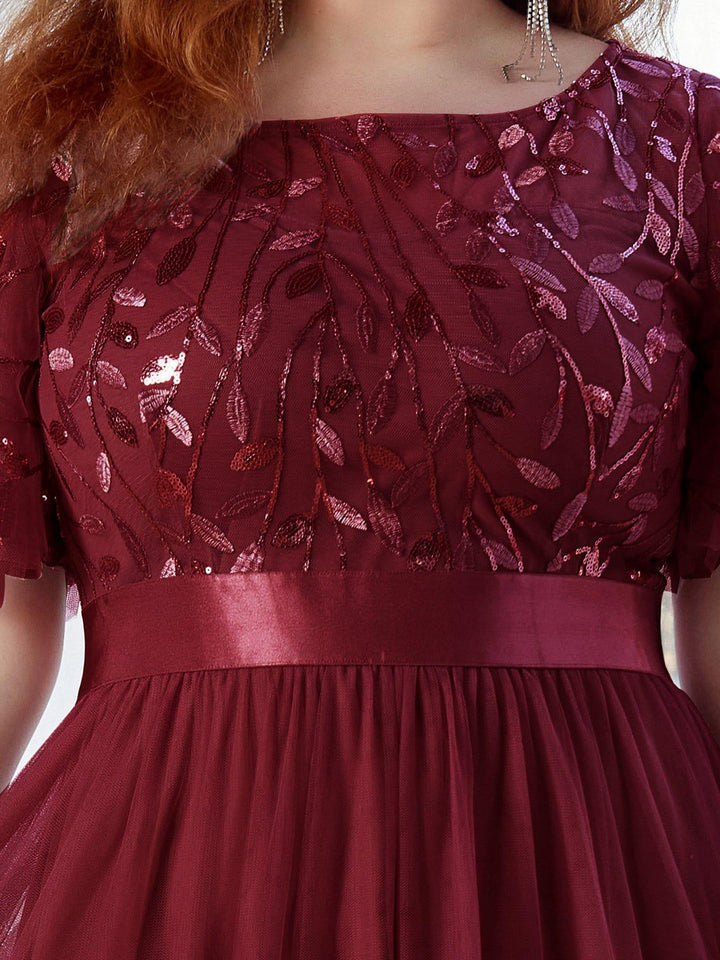 Plus size embroidered sequin A-line evening dress with short sleeves for women