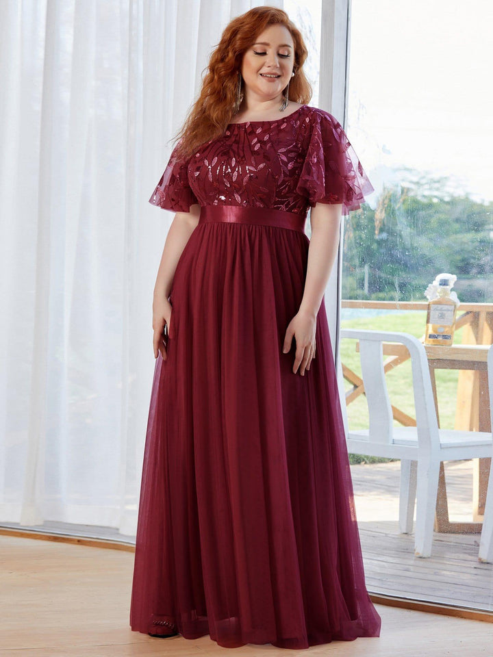 Plus size embroidered sequin A-line evening dress with short sleeves for women