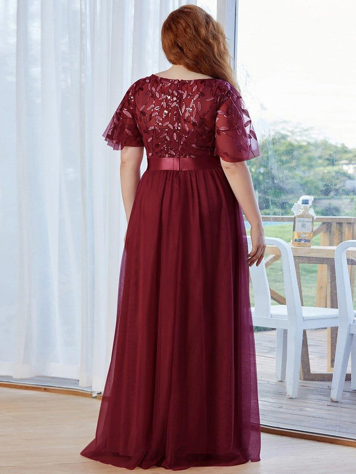 Plus size embroidered sequin A-line evening dress with short sleeves for women