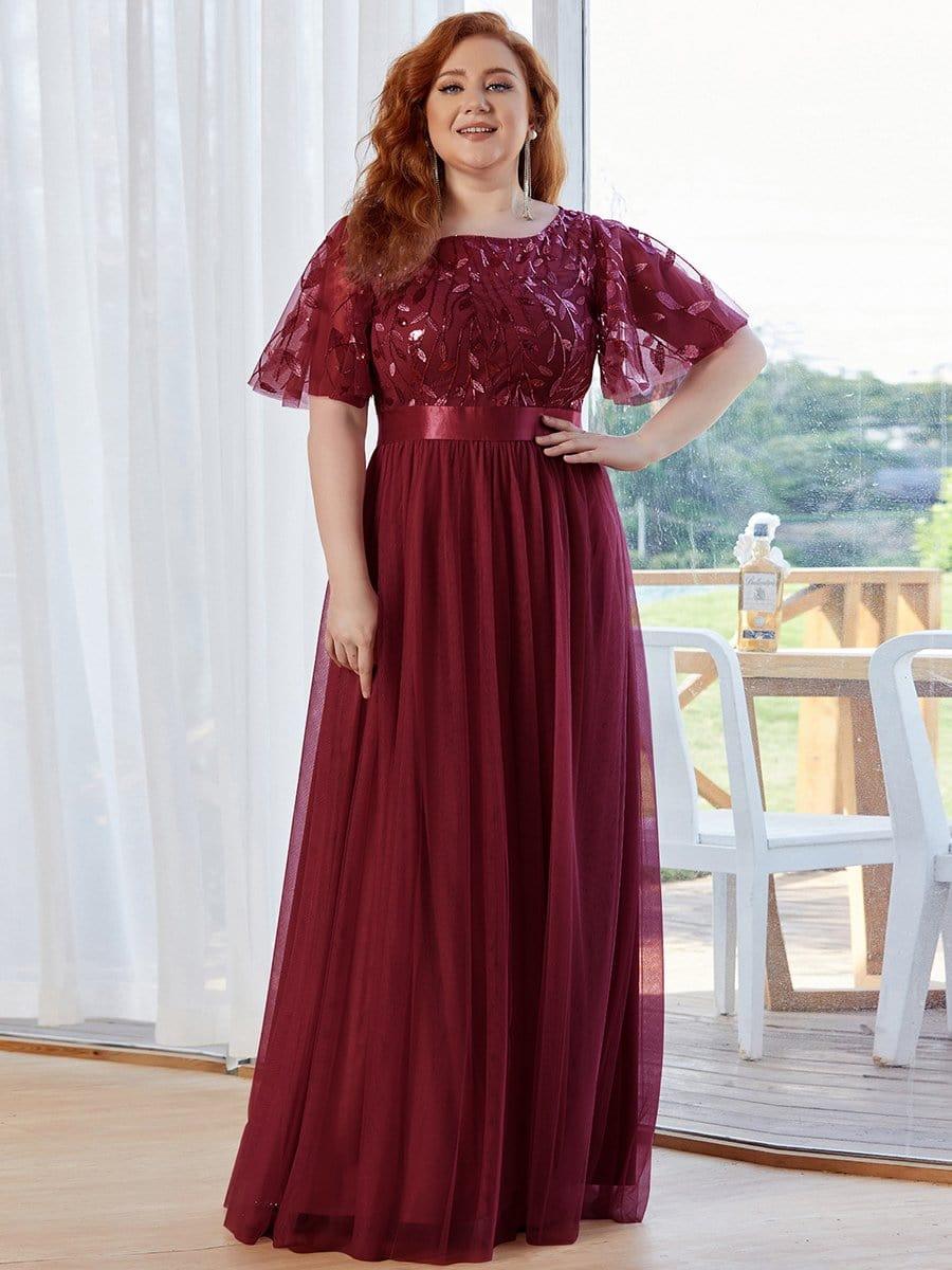 Plus size embroidered sequin A-line evening dress with short sleeves for women