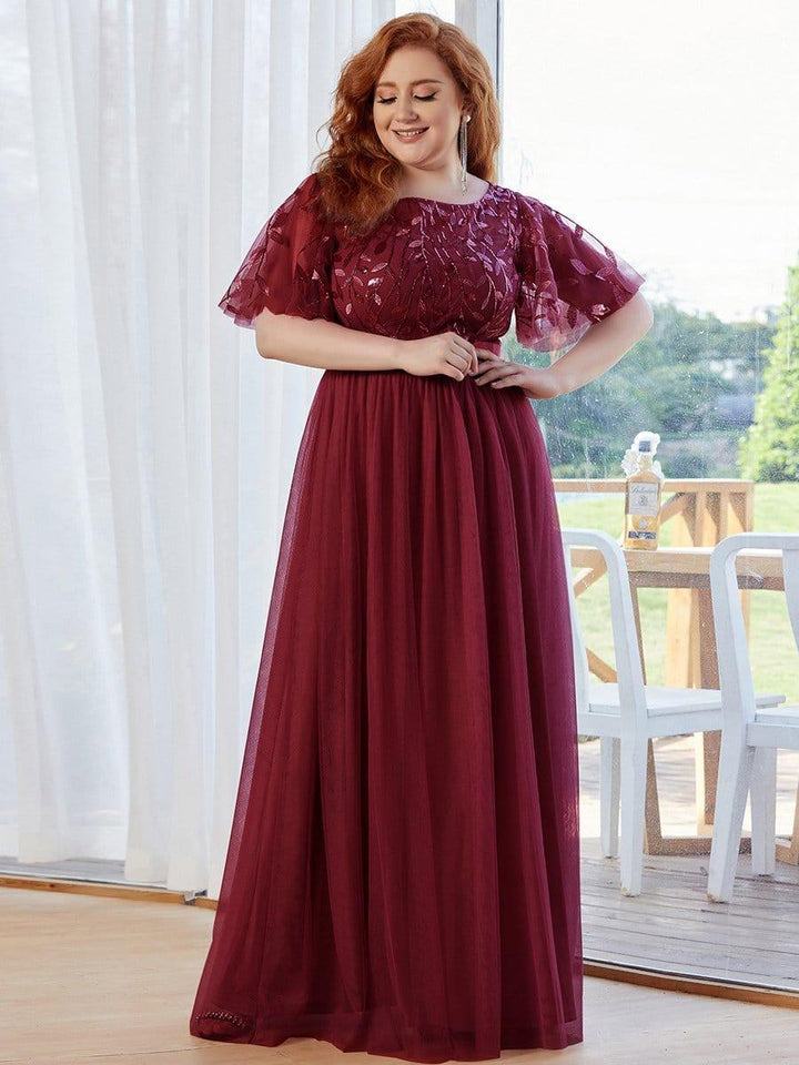 Plus size embroidered sequin A-line evening dress with short sleeves for women