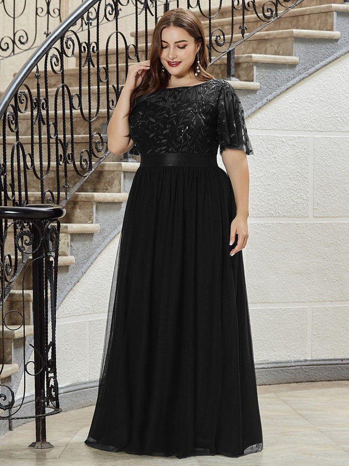Plus size embroidered sequin A-line evening dress with short sleeves for women