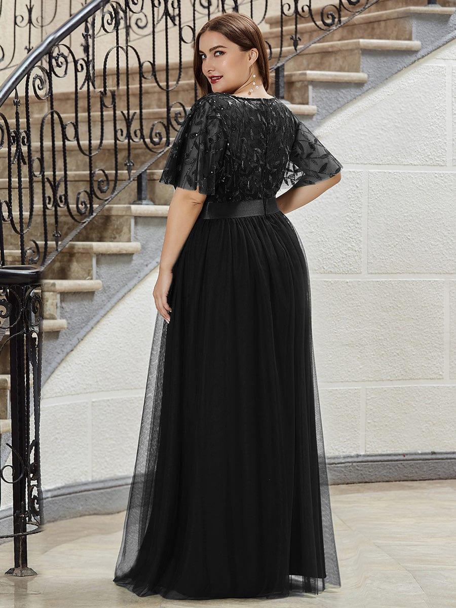 Plus size embroidered sequin A-line evening dress with short sleeves for women